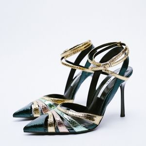 ZARA PYTON/SNAKESKIN POINTED TIP METALLIC HEELS WITH ANKLE STRAPS